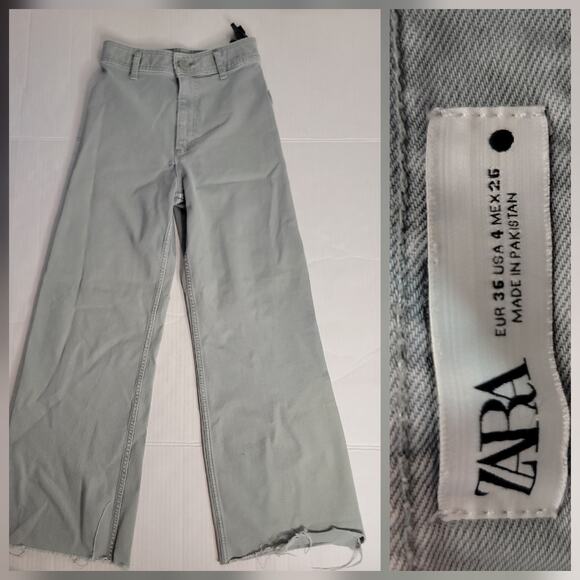 Zara The Marine Straight Jeans Womens Size 4 Green High Waist Wide Leg Raw Hem - Picture 1 of 9